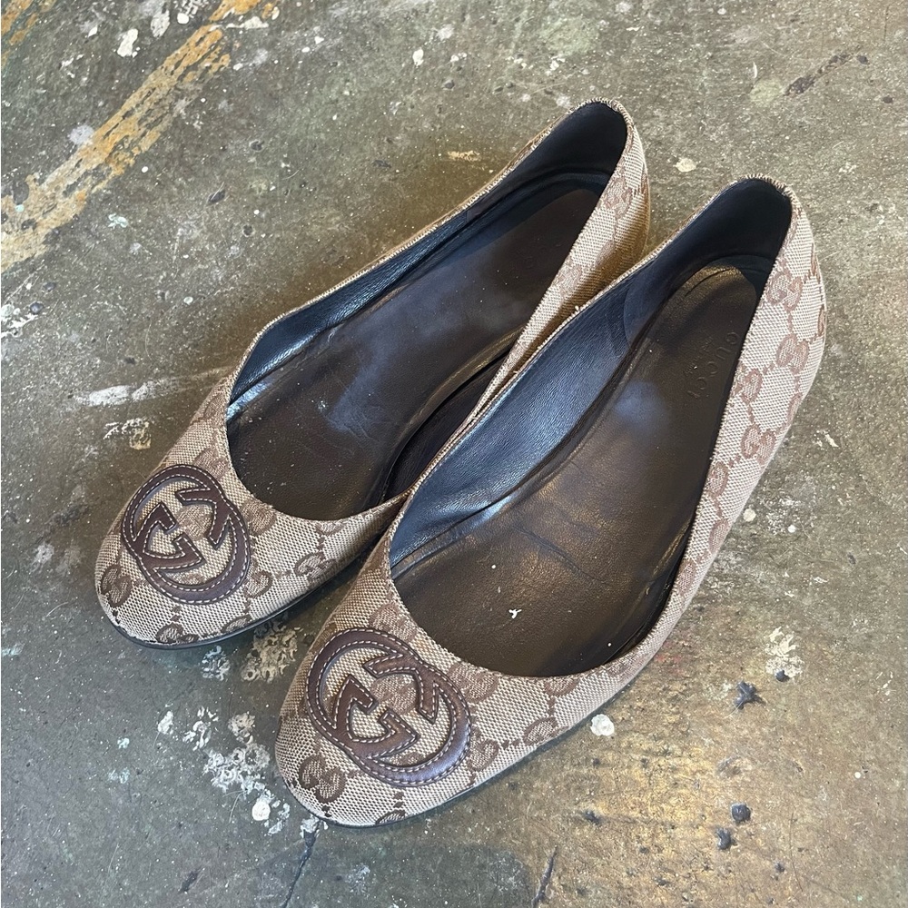 Gucci Ballet Shoes GG Monogram Beige Canvas Flat Size 37.5